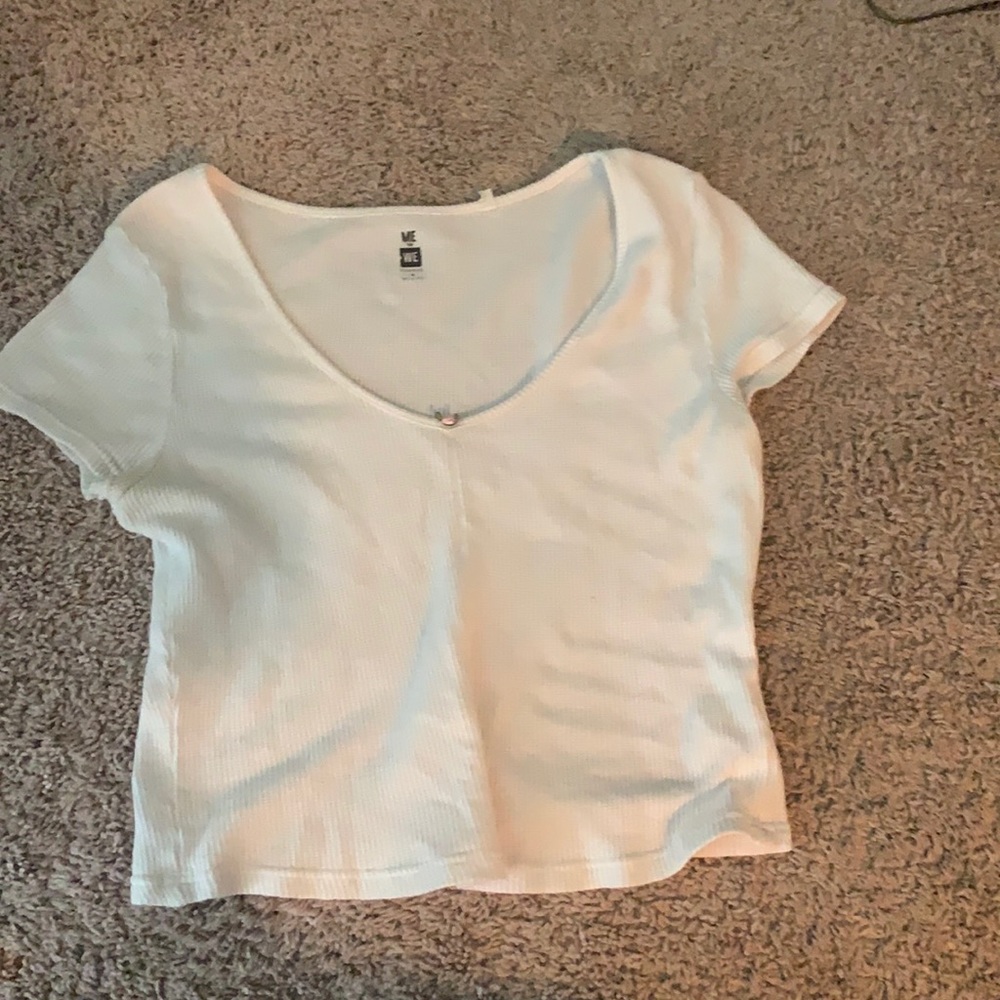 Round / V neck White Blouse with Small Rose